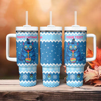 Personalized Trippy Catmas Tumbler With Handle Cute Blue Derpy Cat and Owl Companion - Wonder Print Shop
