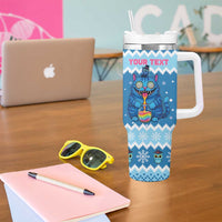 Personalized Trippy Catmas Tumbler With Handle Cute Blue Derpy Cat and Owl Companion - Wonder Print Shop