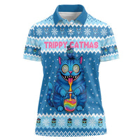 Personalized Trippy Catmas Women Polo Shirt Cute Blue Derpy Cat and Owl Companion - Wonder Print Shop