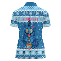 Personalized Trippy Catmas Women Polo Shirt Cute Blue Derpy Cat and Owl Companion - Wonder Print Shop