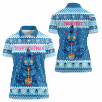 Personalized Trippy Catmas Women Polo Shirt Cute Blue Derpy Cat and Owl Companion - Wonder Print Shop