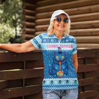 Personalized Trippy Catmas Women Polo Shirt Cute Blue Derpy Cat and Owl Companion - Wonder Print Shop