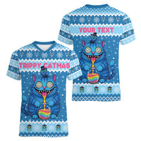 Personalized Trippy Catmas Women V-Neck T-Shirt Cute Blue Derpy Cat and Owl Companion - Wonder Print Shop