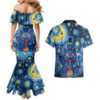 Trippy Cat and Owl Couples Matching Mermaid Dress and Hawaiian Shirt Starry Psychedelic Vibes - Wonder Print Shop