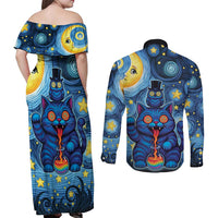 Trippy Cat and Owl Couples Matching Off Shoulder Maxi Dress and Long Sleeve Button Shirt Starry Psychedelic Vibes - Wonder Print Shop