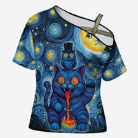 Trippy Cat and Owl Cross Shoulder Shirt Starry Psychedelic Vibes - Wonder Print Shop