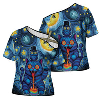 Trippy Cat and Owl Cross Shoulder Shirt Starry Psychedelic Vibes - Wonder Print Shop