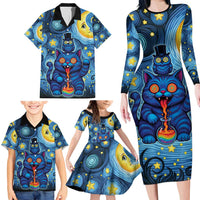 Trippy Cat and Owl Family Matching Long Sleeve Bodycon Dress and Hawaiian Shirt Starry Psychedelic Vibes - Wonder Print Shop