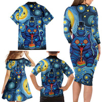 Trippy Cat and Owl Family Matching Long Sleeve Bodycon Dress and Hawaiian Shirt Starry Psychedelic Vibes - Wonder Print Shop
