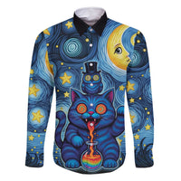 Trippy Cat and Owl Family Matching Long Sleeve Bodycon Dress and Hawaiian Shirt Starry Psychedelic Vibes - Wonder Print Shop