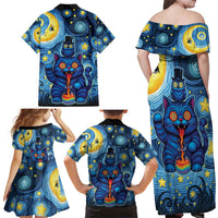 Trippy Cat and Owl Family Matching Off Shoulder Maxi Dress and Hawaiian Shirt Starry Psychedelic Vibes - Wonder Print Shop