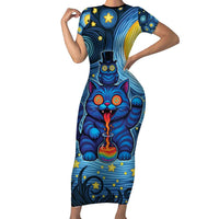 Trippy Cat and Owl Family Matching Short Sleeve Bodycon Dress and Hawaiian Shirt Starry Psychedelic Vibes - Wonder Print Shop
