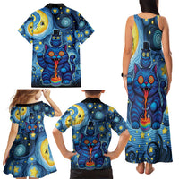 Trippy Cat and Owl Family Matching Tank Maxi Dress and Hawaiian Shirt Starry Psychedelic Vibes - Wonder Print Shop