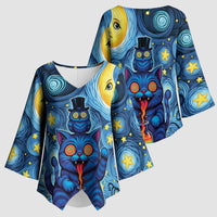 Trippy Cat and Owl Kimono Sleeve Blouse Starry Psychedelic Vibes - Wonder Print Shop