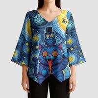 Trippy Cat and Owl Kimono Sleeve Blouse Starry Psychedelic Vibes - Wonder Print Shop