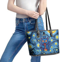 Trippy Cat and Owl Leather Tote Bag Starry Psychedelic Vibes - Wonder Print Shop