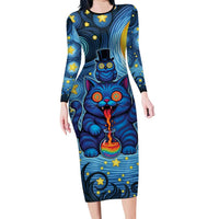 Trippy Cat and Owl Long Sleeve Bodycon Dress Starry Psychedelic Vibes - Wonder Print Shop