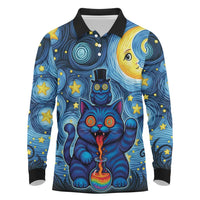 Trippy Cat and Owl Long Sleeve Polo Shirt Starry Psychedelic Vibes - Wonder Print Shop