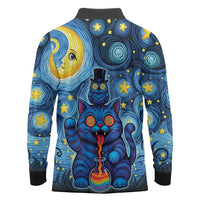 Trippy Cat and Owl Long Sleeve Polo Shirt Starry Psychedelic Vibes - Wonder Print Shop