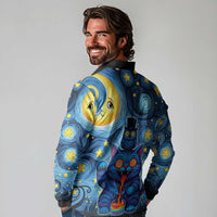 Trippy Cat and Owl Long Sleeve Polo Shirt Starry Psychedelic Vibes - Wonder Print Shop