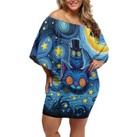 Trippy Cat and Owl Off Shoulder Short Dress Starry Psychedelic Vibes - Wonder Print Shop