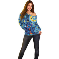 Trippy Cat and Owl Off Shoulder Sweater Starry Psychedelic Vibes - Wonder Print Shop