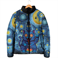 Trippy Cat and Owl Padded Jacket Starry Psychedelic Vibes - Wonder Print Shop