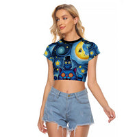 Trippy Cat and Owl Raglan Cropped T Shirt Starry Psychedelic Vibes - Wonder Print Shop