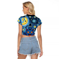 Trippy Cat and Owl Raglan Cropped T Shirt Starry Psychedelic Vibes - Wonder Print Shop