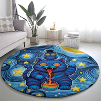 Trippy Cat and Owl Round Carpet Starry Psychedelic Vibes - Wonder Print Shop