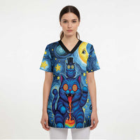 Trippy Cat and Owl Scrub Top Starry Psychedelic Vibes - Wonder Print Shop