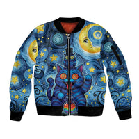 Trippy Cat and Owl Sleeve Zip Bomber Jacket Starry Psychedelic Vibes - Wonder Print Shop