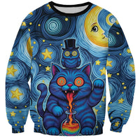 Trippy Cat and Owl Sweatshirt Starry Psychedelic Vibes - Wonder Print Shop