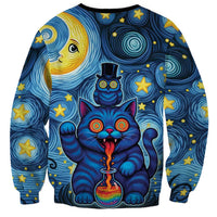 Trippy Cat and Owl Sweatshirt Starry Psychedelic Vibes - Wonder Print Shop