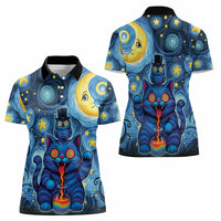 Trippy Cat and Owl Women Polo Shirt Starry Psychedelic Vibes - Wonder Print Shop