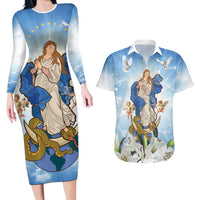 Italy Immaculate Conception Feast Day Couples Matching Long Sleeve Bodycon Dress and Hawaiian Shirt Virgin Mary with Cross And Lily Flower LT19