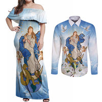 Italy Immaculate Conception Feast Day Couples Matching Off Shoulder Maxi Dress and Long Sleeve Button Shirt Virgin Mary with Cross And Lily Flower LT19