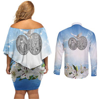 Italy Immaculate Conception Feast Day Couples Matching Off Shoulder Short Dress and Long Sleeve Button Shirt Virgin Mary with Cross And Lily Flower LT19