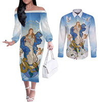 Italy Immaculate Conception Feast Day Couples Matching Off The Shoulder Long Sleeve Dress and Long Sleeve Button Shirt Virgin Mary with Cross And Lily Flower LT19