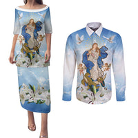 Italy Immaculate Conception Feast Day Couples Matching Puletasi and Long Sleeve Button Shirt Virgin Mary with Cross And Lily Flower LT19