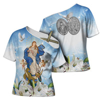 Italy Immaculate Conception Feast Day Cross Shoulder Shirt Virgin Mary with Cross And Lily Flower - Wonder Print Shop