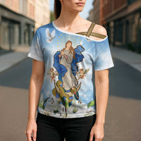Italy Immaculate Conception Feast Day Cross Shoulder Shirt Virgin Mary with Cross And Lily Flower - Wonder Print Shop