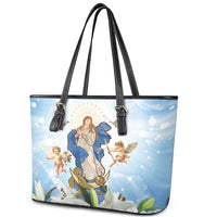 Italy Immaculate Conception Feast Day Leather Tote Bag Virgin Mary with Cross And Lily Flower - Wonder Print Shop
