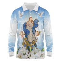 Italy Immaculate Conception Feast Day Long Sleeve Polo Shirt Virgin Mary with Cross And Lily Flower LT19