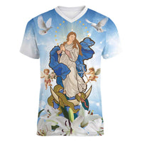 Italy Immaculate Conception Feast Day Women V-Neck T-Shirt Virgin Mary with Cross And Lily Flower LT19