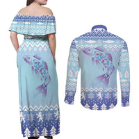 Cardiganshire Wales Christmas Couples Matching Off Shoulder Maxi Dress and Long Sleeve Button Shirt Ceredigion Herring Celtic Knot - Wonder Print Shop