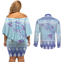 Cardiganshire Wales Christmas Couples Matching Off Shoulder Short Dress and Long Sleeve Button Shirt Ceredigion Herring Celtic Knot - Wonder Print Shop