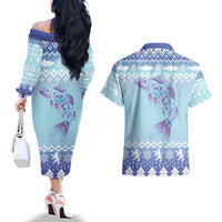 Cardiganshire Wales Christmas Couples Matching Off The Shoulder Long Sleeve Dress and Hawaiian Shirt Ceredigion Herring Celtic Knot - Wonder Print Shop