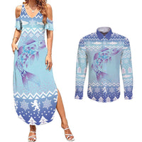 Cardiganshire Wales Christmas Couples Matching Summer Maxi Dress and Long Sleeve Button Shirt Ceredigion Herring Celtic Knot - Wonder Print Shop