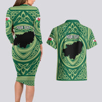 Personalized Carmarthenshire Wales Couples Matching Long Sleeve Bodycon Dress and Hawaiian Shirt Map and Emblem Celtic Style - Wonder Print Shop